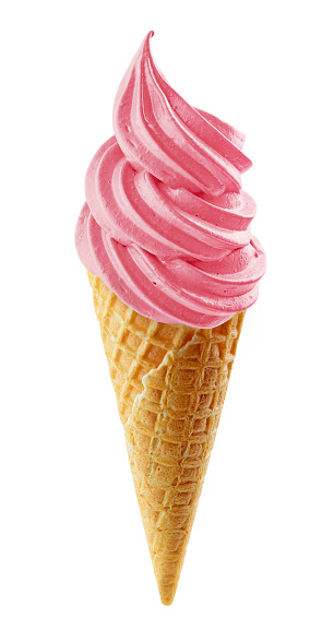 pink soft ice cream swirl in waffle cone isolated on white background