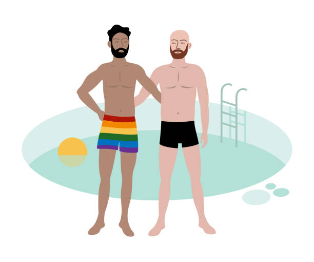 illustrations, cliparts, dessins animés et icônes de couple gay au bord de la piscine. maillots de bain lgbt aux couleurs de l’arc-en-ciel. - swimming trunks shorts swimming shorts clothing