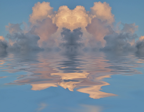 Surrealism. Clouds reflected in the water. 3D rendering