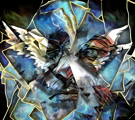 Abstract Angel's wings. Man's face in glasses. 3D rendering