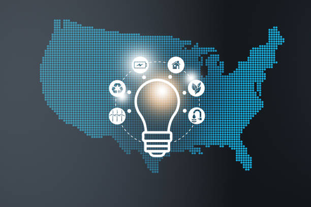 istock Energy saving concept. Energy innovation with future industry of power generation icons graphic interface. Interactive map of    United States of America on blue background 1394655935