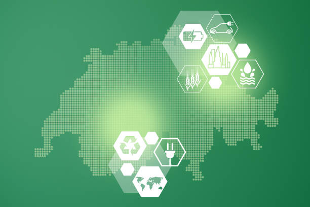 istock Energy saving concept. Energy innovation with future industry of power generation icons graphic interface. Interactive map of   Switzerland  on green background 1394655969