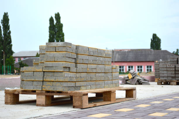 istock wooden pallet with paving slabs during landscaping work 1394655990