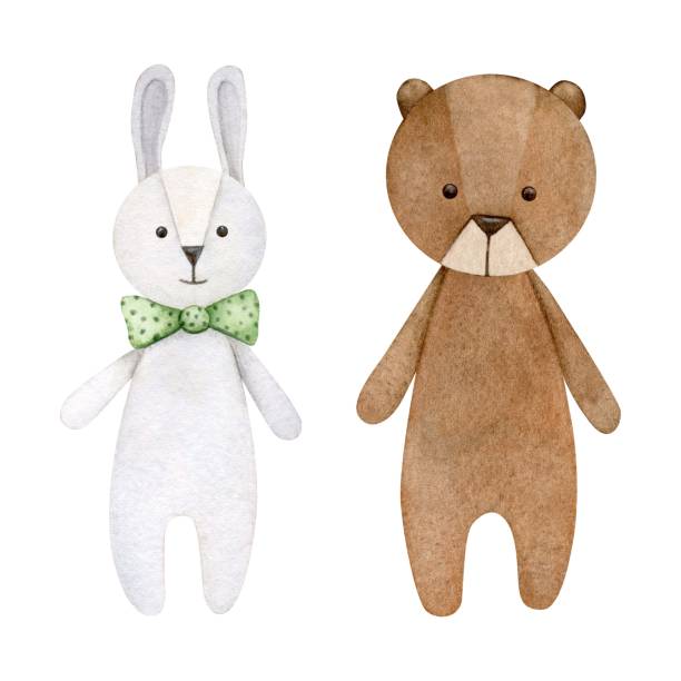 Watercolor illustration eco baby toys. Nursery decor, bunny and bear. Hand drawn isolated on white background. Perfect for card, invitation, baby shower, tags, printing.