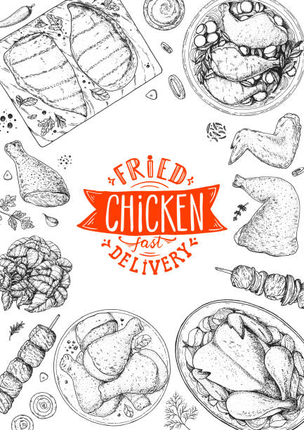 Chicken meat. Fried chicken. Hand drawn sketch illustration. Grilled chicken meat top view frame. Vector illustration. Engraved design. Restaurant menu design template. Chicken meat. Fried chicken. Hand drawn sketch illustration. Grilled chicken meat and top view frame. Vector illustration. Engraved design. Restaurant menu design template. turkey breast stock illustrations