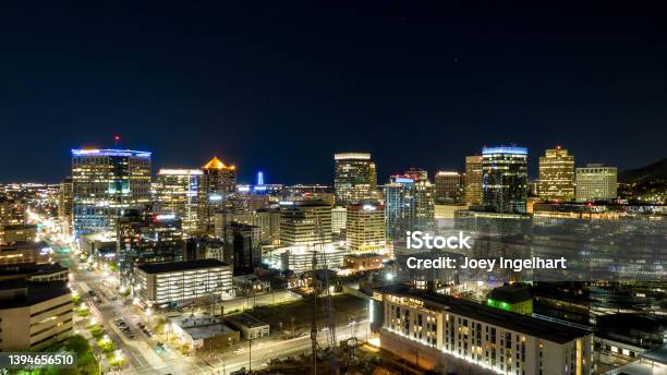Long Exposure Drone Shot Of Downtown Salt Lake City Utah At Night Stock Photo - Download Image Now