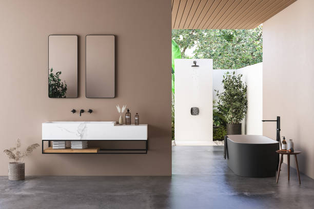 istock Modern bathroom interior with beige walls 1394657088