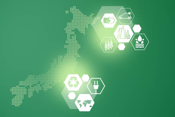 istock Energy saving concept. Energy innovation with future industry of power generation icons graphic interface. Interactive map of   Japan  on green background 1394657093