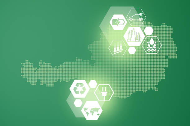 istock Energy saving concept. Energy innovation with future industry of power generation icons graphic interface. Interactive map of    Austria on green background 1394657449