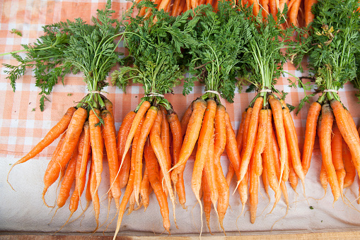 Bunches of freshly-picked orange carrots on display on a tablecloth at a farmer's market.