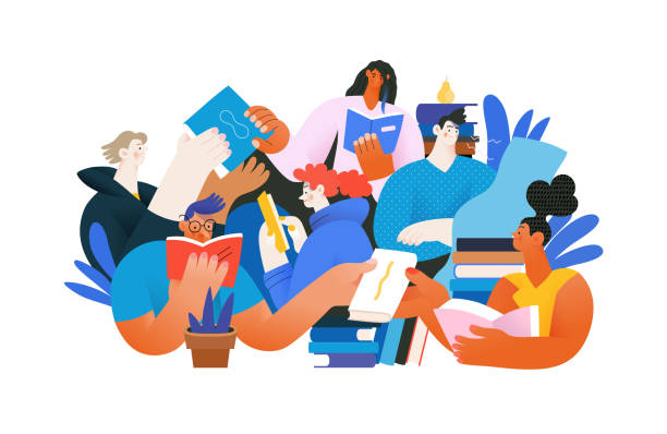 Books - flat vector illustration in corporate Memphis style Books graphics -book week events. Modern flat vector concept illustrations of reading people - a group of men and women reading and sharing books and e-books on tablets sitting surrounded by plants university illustrations stock illustrations