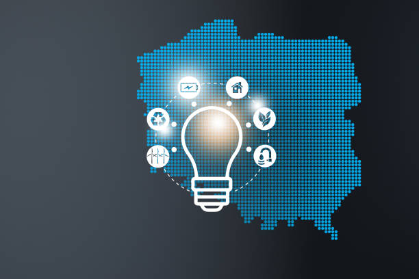 istock Energy saving concept. Energy innovation with future industry of power generation icons graphic interface. Interactive map of   Poland on blue background 1394659044