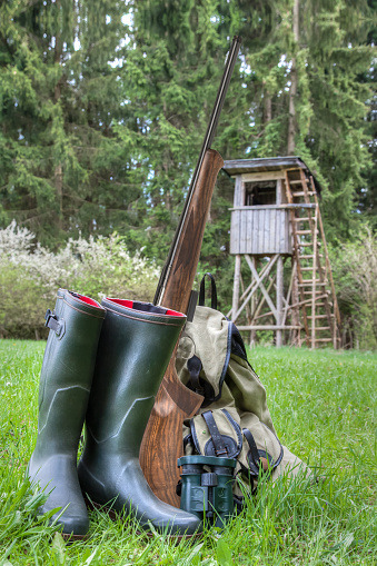 Things the hunter needs. Good rubber boots, backpack, binoculars, a rifle and your own hunting area.