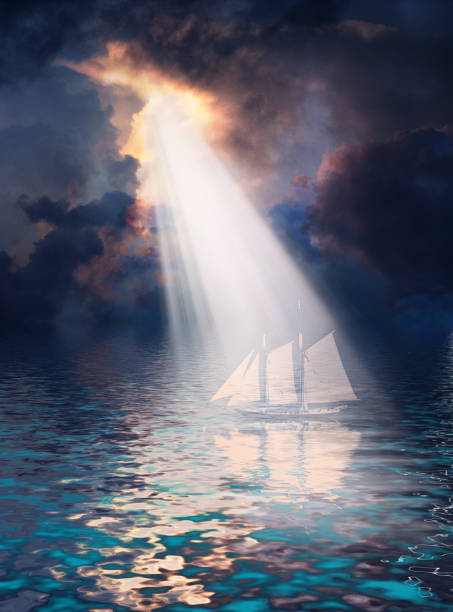 Ghostly sailboat. Sunshine through the clouds. 3D rendering