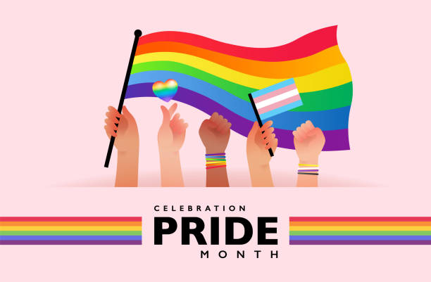 illustrazioni stock, clip art, cartoni animati e icone di tendenza di striscione di persone che tengono la bandiera arcobaleno con le mani della lingua dei segni che sostengono la celebrazione del mese dell'orgoglio - pride month