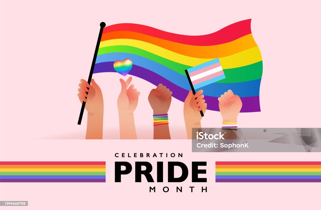 Banner of people hold rainbow flag with sign language hands supporting pride month celebration Banner of people hold rainbow flag with sign language hands supporting pride month celebration. Vector illustration LGBTQIA Pride Month stock vector