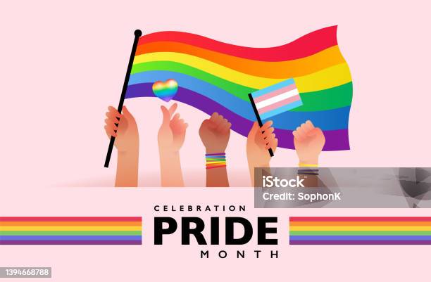Banner Of People Hold Rainbow Flag With Sign Language Hands Supporting Pride Month Celebration Stock Illustration - Download Image Now