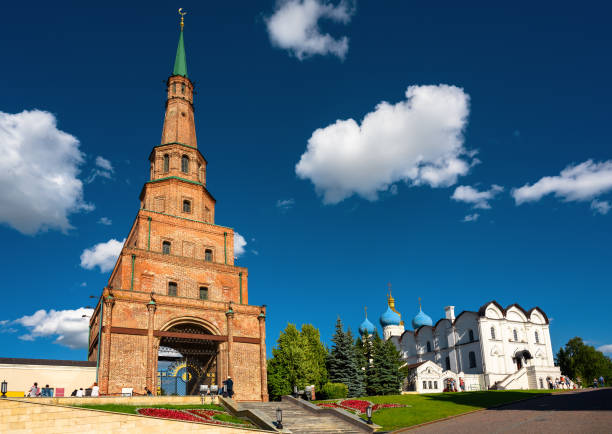 Kazan Kremlin in summer, Russia. Old Suyumbike Tower with entrance to residence of Tatarstan President stock photo