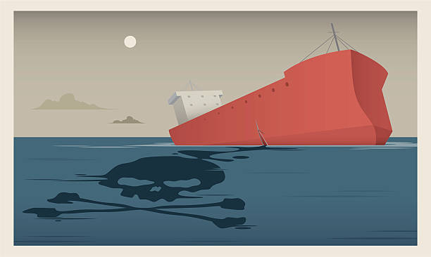 Oil Slick! A tanker with a split hull, with oil forming a skull and cross bones. sinking ship images stock illustrations