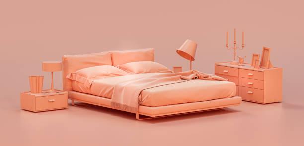 Monochrome bedroom with a double bed with side tables flat style single color interior, 3d rendering