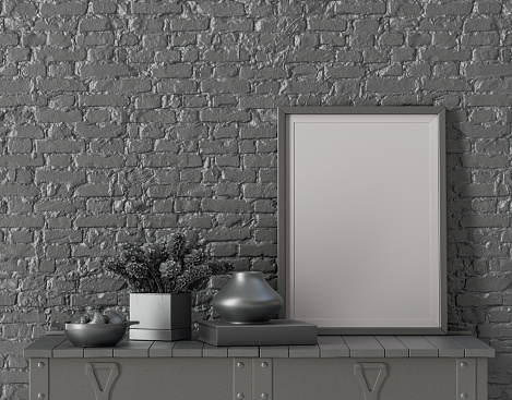 rectangular poster frame gray metallic monochrome interior room with accessories, 3D Rendering