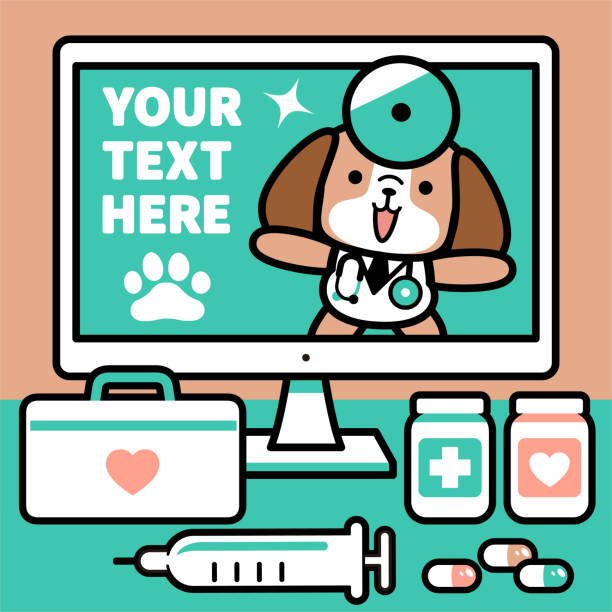 ilustrações, clipart, desenhos animados e ícones de um médico de cachorro bonito com estetoscópio está falando em um monitor de computador, há cápsulas, uma seringa, um kit de primeiros socorros, e frascos de comprimidos na mesa - cyberspace doctor healthcare and medicine prescription medicine