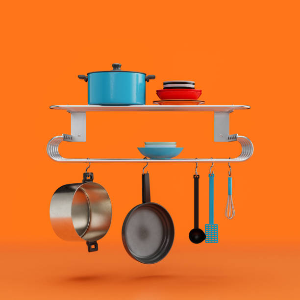 Vintage dishes sink, retro utensils front view, 3d rendering