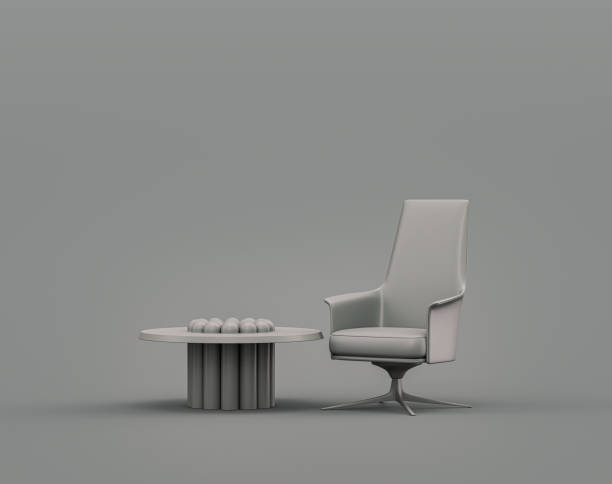 istock Single coffee table and armchair in a monochrome gray interior room and empty wall gray 3d Rendering 1394678170