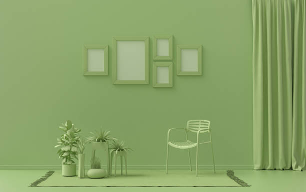 istock Flat color interior room for poster showcase with 5 frames, monochrome green gallery wall 1394679078