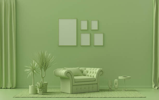 istock Flat color interior room for poster showcase with 5 frames, monochrome green gallery wall 1394679204