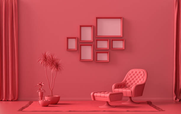 istock Mock-up poster gallery wall with 7 frames in solid pastel dark red, maroon room and plants 1394679244