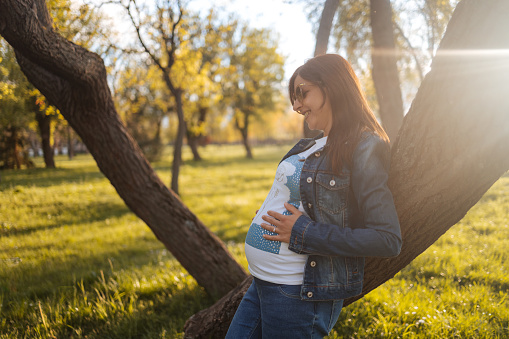 Beautiful pregnant woman in nature stands leaning against a tree and enjoys at sunset. She wears jeans and caresses her stomach with her hands