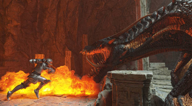istock Fantasy battle scene with dragon attacking medieval knight 3d illustration 1394688884