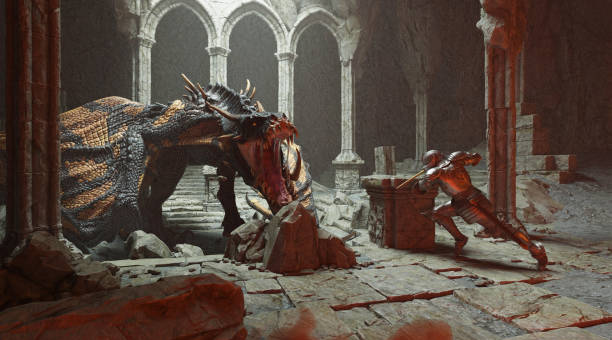 istock Fantasy battle scene with dragon attacking medieval knight 3d illustration 1394688885