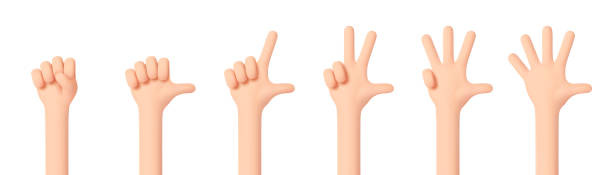 Hands set. Realistic 3d design in cartoon style. Hand shows signs of various counting gestures. Collection isolated on white background Hands set. Realistic 3d design in cartoon style. Hand shows signs of various counting gestures. Collection isolated on white background. 3d Vector illustration human finger stock illustrations