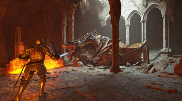 istock Fantasy battle scene with dragon attacking medieval knight 3d illustration 1394691654