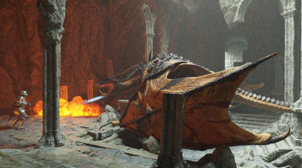 istock Fantasy battle scene with dragon attacking medieval knight 3d illustration 1394691655