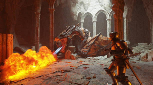 istock Fantasy battle scene with dragon attacking medieval knight 3d illustration 1394691656