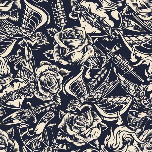 Vintage monochrome tattoos seamless pattern Vintage monochrome tattoos seamless pattern with beautiful roses swallow knife tattoo machine heart in barbed wire with fire vector illustration tattoo seamless texture stock illustrations