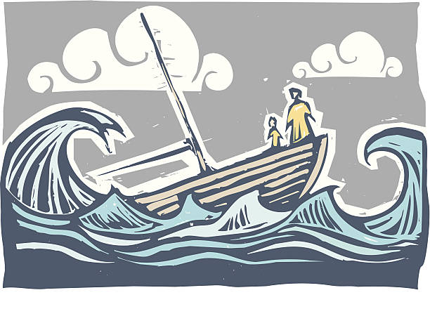 Storm Sinking boat Boat with woman and child sinking in the waves sinking boat stock illustrations