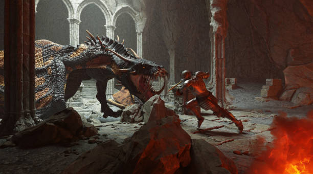 istock Fantasy battle scene with dragon attacking medieval knight 3d illustration 1394697982