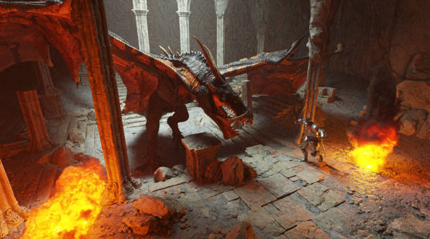 istock Fantasy battle scene with dragon attacking medieval knight 3d illustration 1394701235