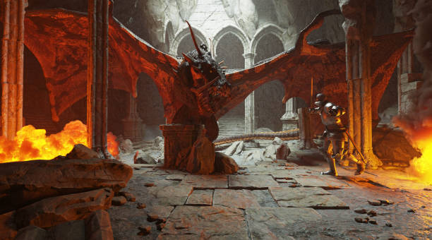 istock Fantasy battle scene with dragon attacking medieval knight 3d illustration 1394701236