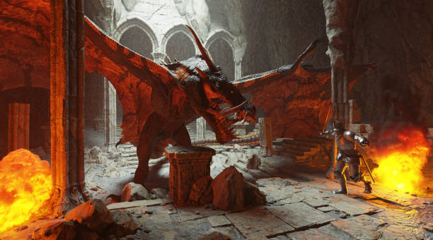 istock Fantasy battle scene with dragon attacking medieval knight 3d illustration 1394701238