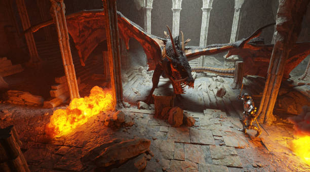 istock Fantasy battle scene with dragon attacking medieval knight 3d illustration 1394701239