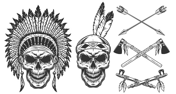 Set of skull in Native American  headwear. Vector illustration