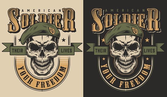 Skull soldier in beret t-shirt print concept. Vector illustration