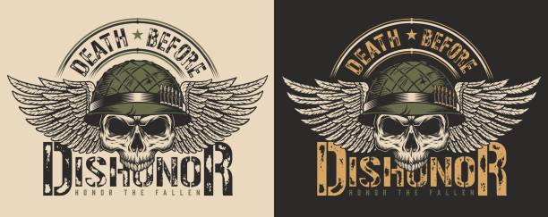 ilustraciones, imágenes clip art, dibujos animados e iconos de stock de concepto de impresión de camiseta de cráneo - casco militar