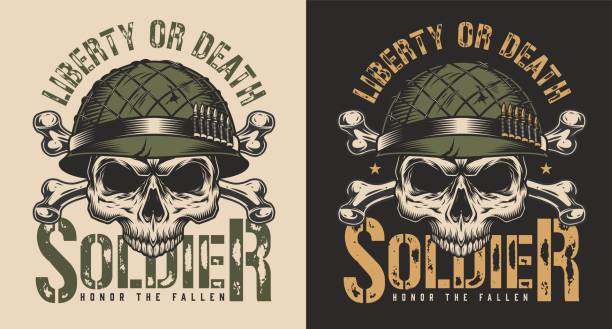 ilustraciones, imágenes clip art, dibujos animados e iconos de stock de cráneo en casco soldado camiseta impresión concepto - casco militar
