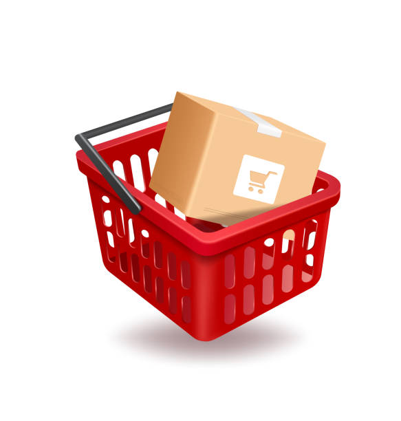 parcel box in red basket parcel box in red basket and all object on white background for advertising promotion sale,vector 3d isolated,basket floating on the air shopping mall stock illustrations